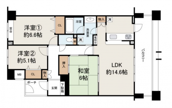岸和田市港緑町、マンションの間取り画像です