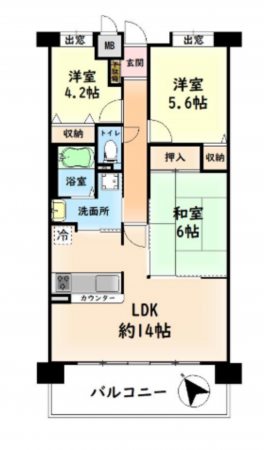 貝塚市窪田、マンションの間取り画像です
