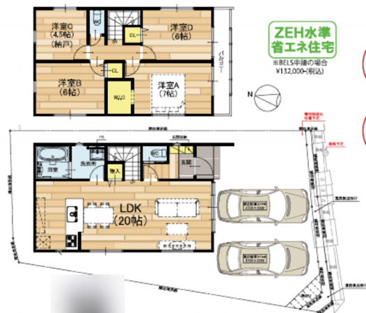 泉佐野市野出町、新築一戸建ての間取り画像です