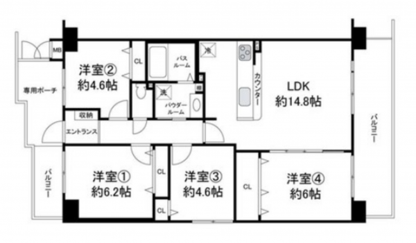 貝塚市西町、マンションの間取り画像です