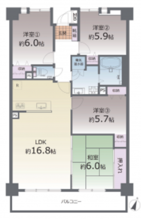 熊本市東区八反田、マンションの間取り画像です
