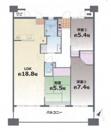 熊本市東区長嶺南、マンションの間取り画像です