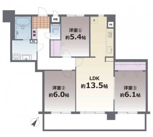 熊本市中央区新大江、マンションの間取り画像です