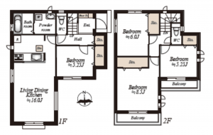 仙台市宮城野区鶴ケ谷、新築一戸建ての間取り画像です