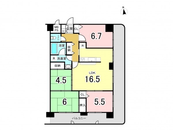 仙台市宮城野区大梶、マンションの間取り画像です