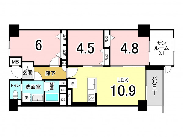 仙台市宮城野区萩野町、マンションの間取り画像です