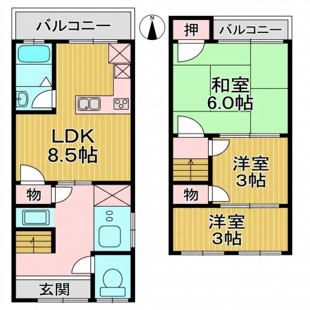 川西市霞ケ丘、中古一戸建ての間取り画像です