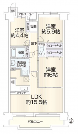 川西市南花屋敷、マンションの間取り画像です