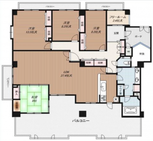 川西市緑台、マンションの間取り画像です
