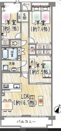 川西市丸山台、マンションの間取り画像です