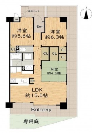 川西市平野、マンションの間取り画像です