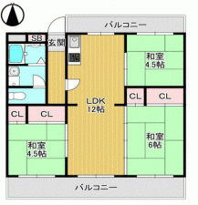 川西市清和台、マンションの間取り画像です