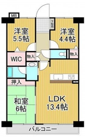川西市久代、マンションの間取り画像です