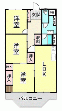 川西市向陽台、マンションの間取り画像です