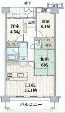 川西市清和台、マンションの間取り画像です