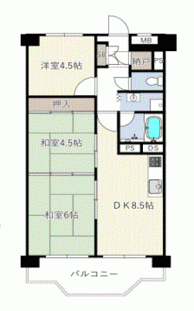 川西市向陽台、マンションの間取り画像です