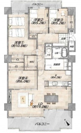 川西市緑台、マンションの間取り画像です