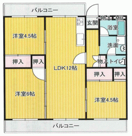 川西市清和台、マンションの間取り画像です