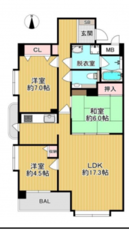 川西市花屋敷、マンションの間取り画像です