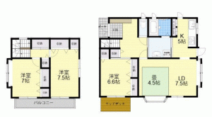 川西市一庫、中古一戸建ての間取り画像です