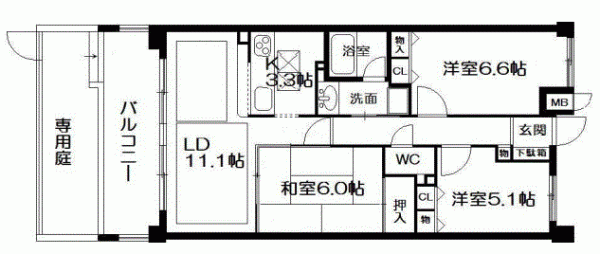 川西市花屋敷、マンションの間取り画像です