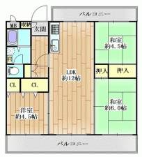 川西市清和台、マンションの間取り画像です