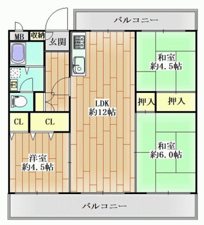 川西市清和台、マンションの間取り画像です
