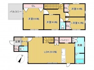 川西市松が丘町、新築一戸建ての間取り画像です