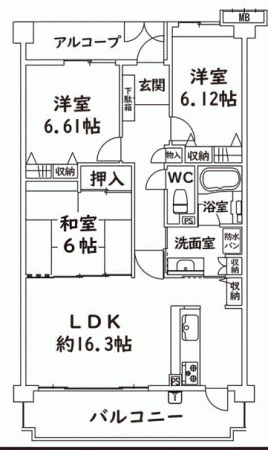 川西市清和台、マンションの間取り画像です