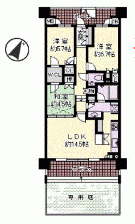 川西市花屋敷、マンションの間取り画像です
