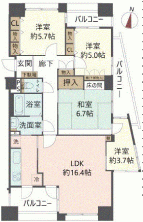 川西市小花、マンションの間取り画像です
