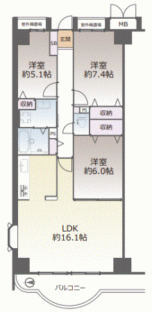 川西市小花、マンションの間取り画像です