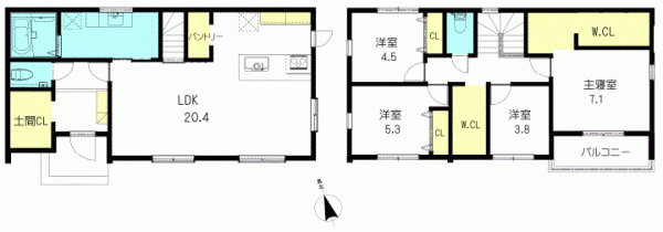 川西市緑台、新築一戸建ての間取り画像です