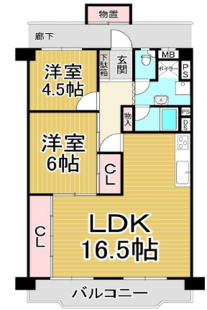 川西市向陽台、マンションの間取り画像です