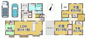 川西市けやき坂、中古一戸建ての間取り画像です