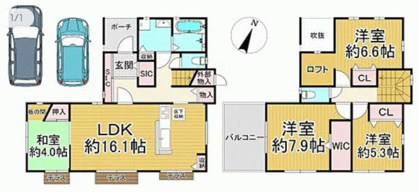 川西市けやき坂、中古一戸建ての間取り画像です