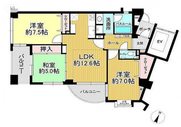神戸市垂水区陸ノ町、マンションの間取り画像です