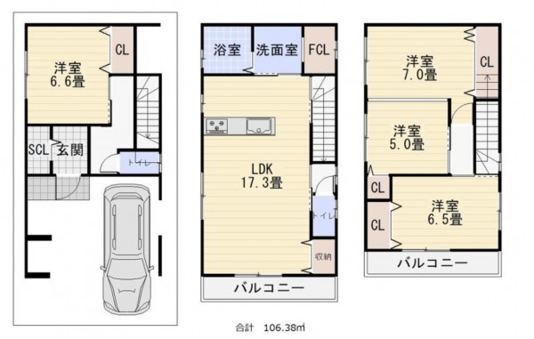 八尾市山本町南、新築一戸建ての間取り画像です