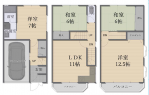 八尾市久宝寺、中古一戸建ての間取り画像です