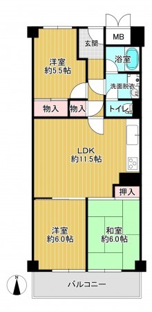 八尾市北久宝寺、マンションの間取り画像です