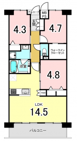 八尾市安中町、マンションの間取り画像です