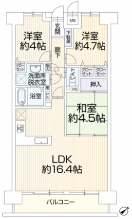 八尾市安中町、マンションの間取り画像です