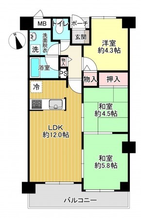 八尾市渋川町、マンションの間取り画像です
