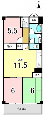 八尾市北久宝寺、マンションの間取り画像です