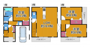 八尾市上之島町北、新築一戸建ての間取り画像です
