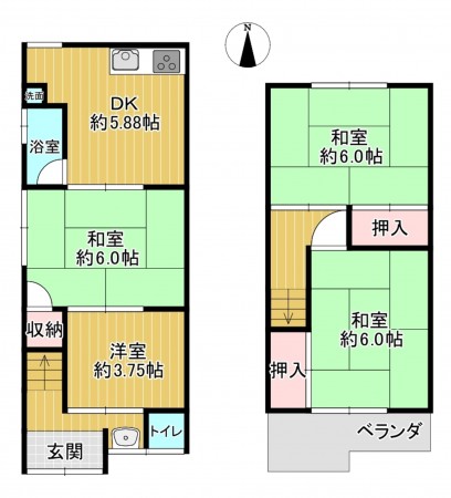 八尾市曙町、中古一戸建ての間取り画像です