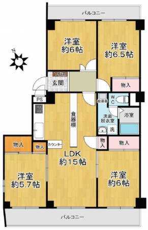 八尾市恩智中町、マンションの間取り画像です