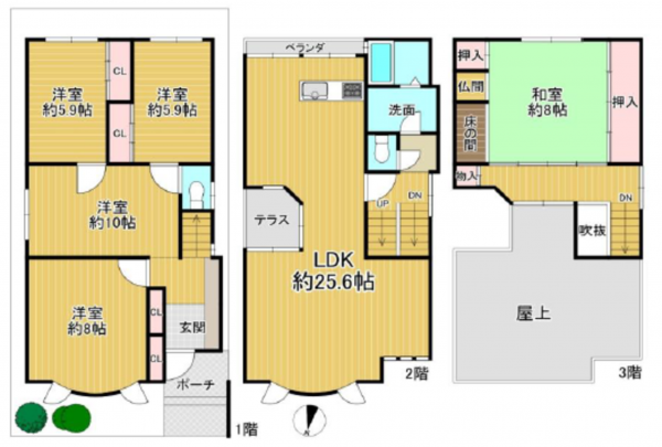 八尾市山本町、中古一戸建ての間取り画像です