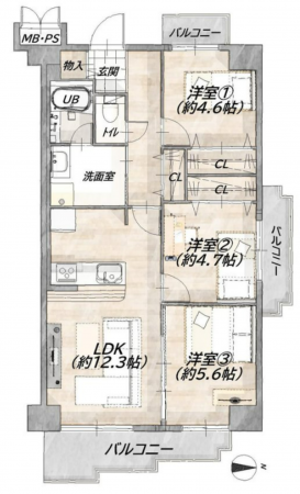 八尾市山本町北、マンションの間取り画像です