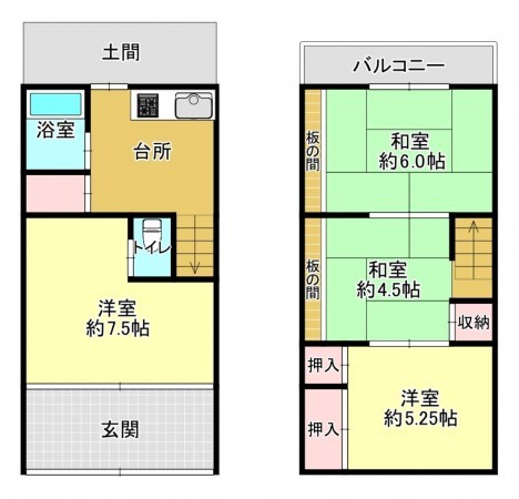八尾市栄町、中古一戸建ての間取り画像です